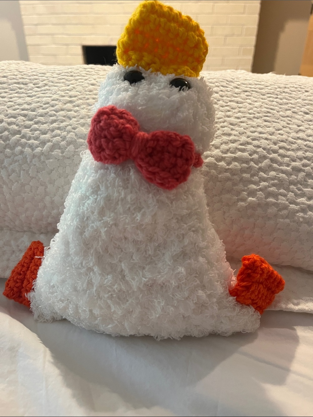 Handmade White Plush Duck Pludh with Red Bow and Yellow Hat